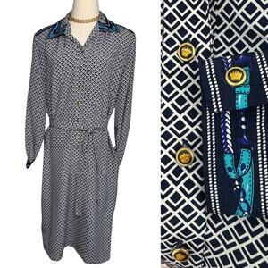 Vintage Schrader luxe geometric print crown button belted shirt dress size 12